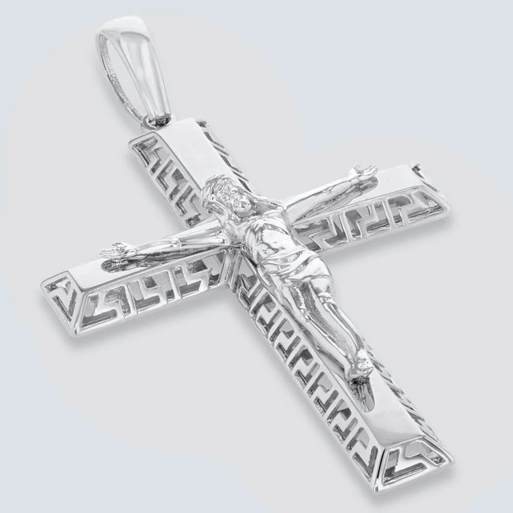 14K White Gold Large Cross Greek Key Pattern Crucifix Pendant