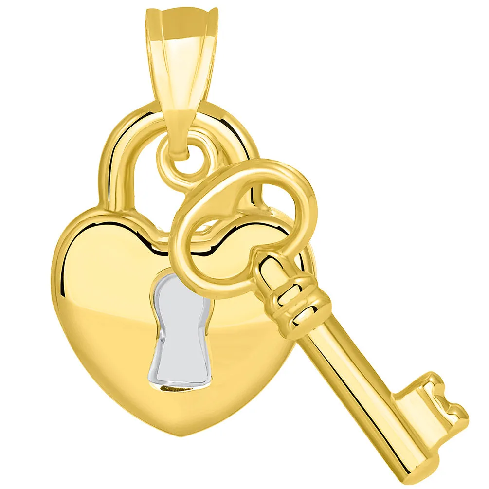 14k Yellow Gold Polished Two Tone Heart Shaped Lock and Love Key Pendant Cuban Necklace