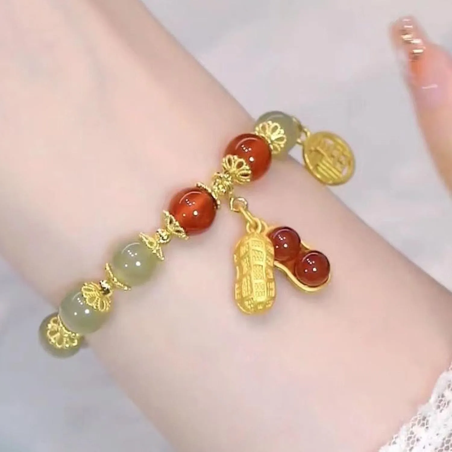 Bracelet Double Chain Jade Imitation Bracelet Retro Elegant Hand Jewelry Female Women Jewelry (B, One Size)