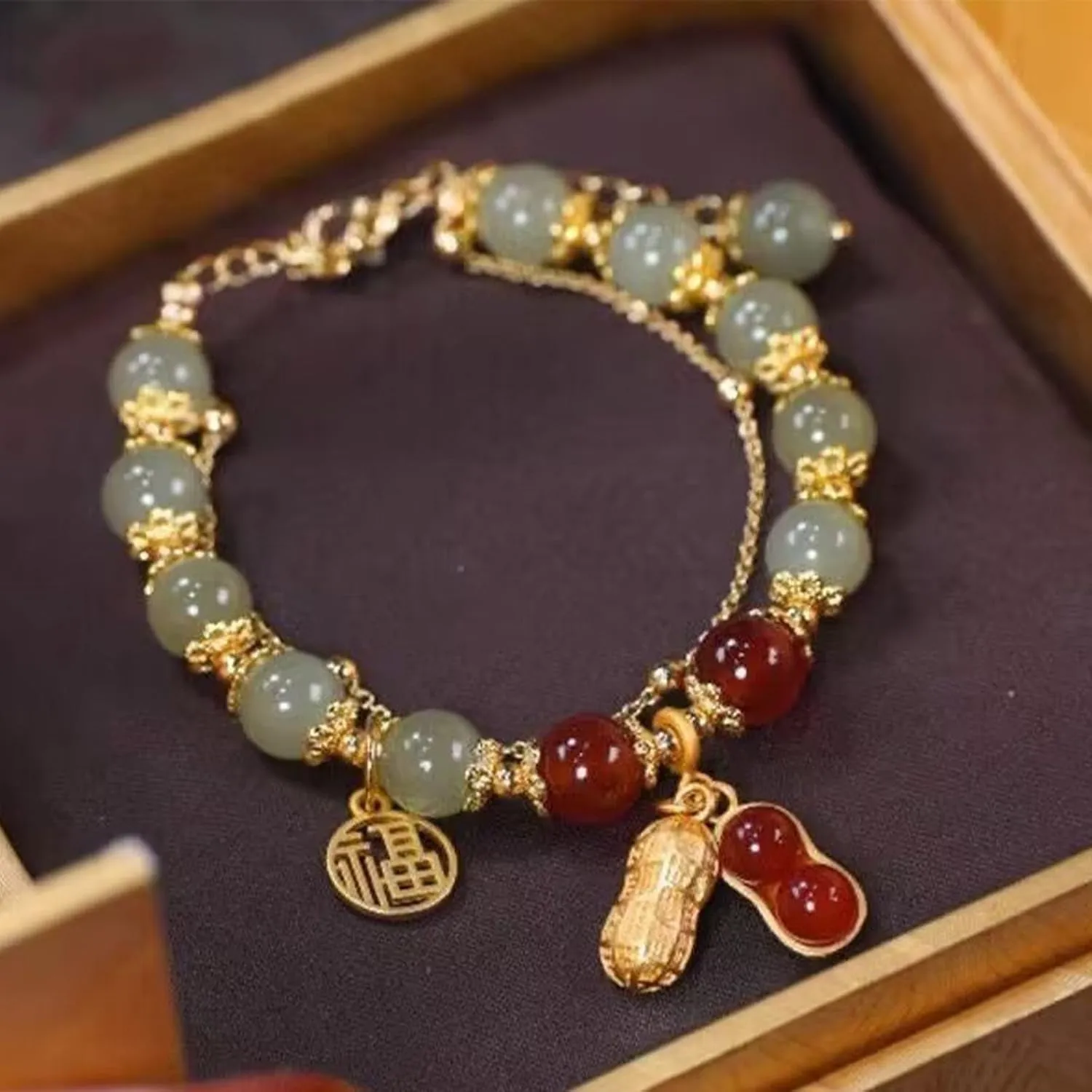 Bracelet Double Chain Jade Imitation Bracelet Retro Elegant Hand Jewelry Female Women Jewelry (B, One Size)