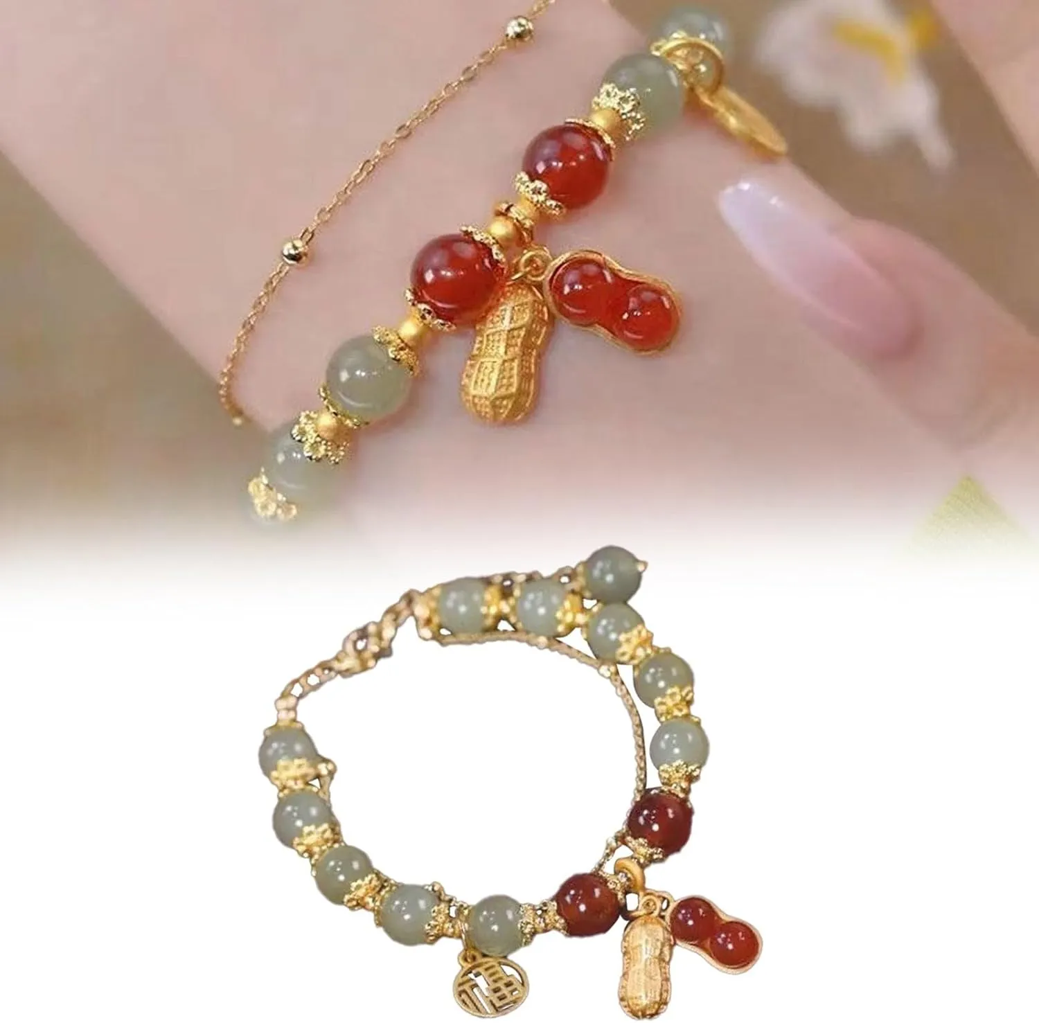 Bracelet Double Chain Jade Imitation Bracelet Retro Elegant Hand Jewelry Female Women Jewelry (B, One Size)