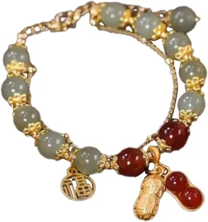 Bracelet Double Chain Jade Imitation Bracelet Retro Elegant Hand Jewelry Female Women Jewelry (B, One Size)