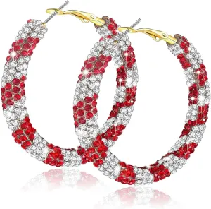 Candy Cane Hoop Earrings, Christmas Earrings for Women Sparkly Red Crystal Earrings Christmas Jewelry