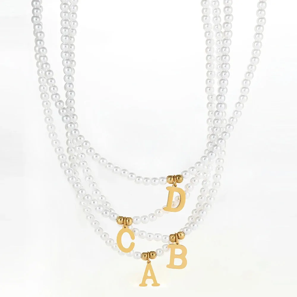 Custom Name Necklace  Stainless Steel Initial Pendant & Simulated Pearls Choker, DIY Adjustable Jewelry for Women