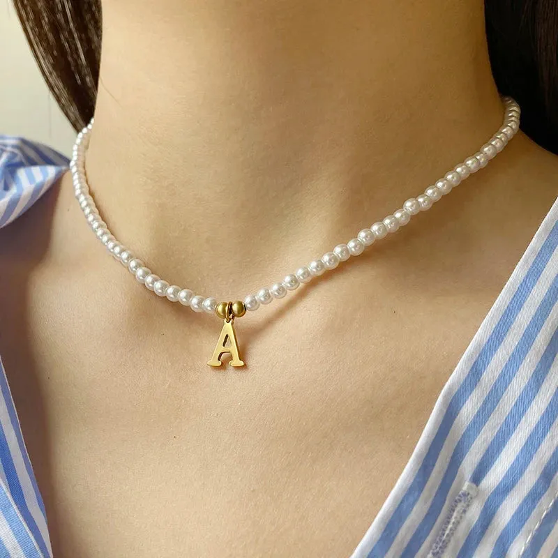 Custom Name Necklace  Stainless Steel Initial Pendant & Simulated Pearls Choker, DIY Adjustable Jewelry for Women