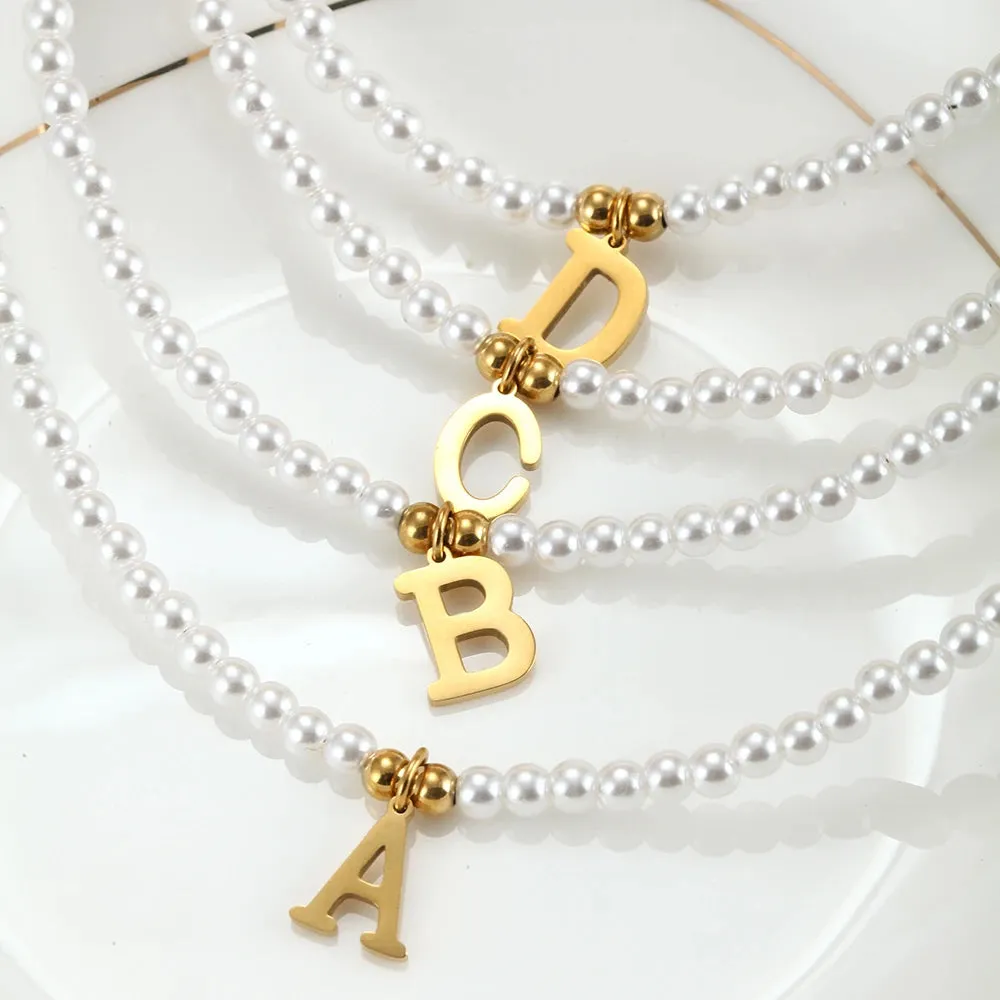 Custom Name Necklace  Stainless Steel Initial Pendant & Simulated Pearls Choker, DIY Adjustable Jewelry for Women