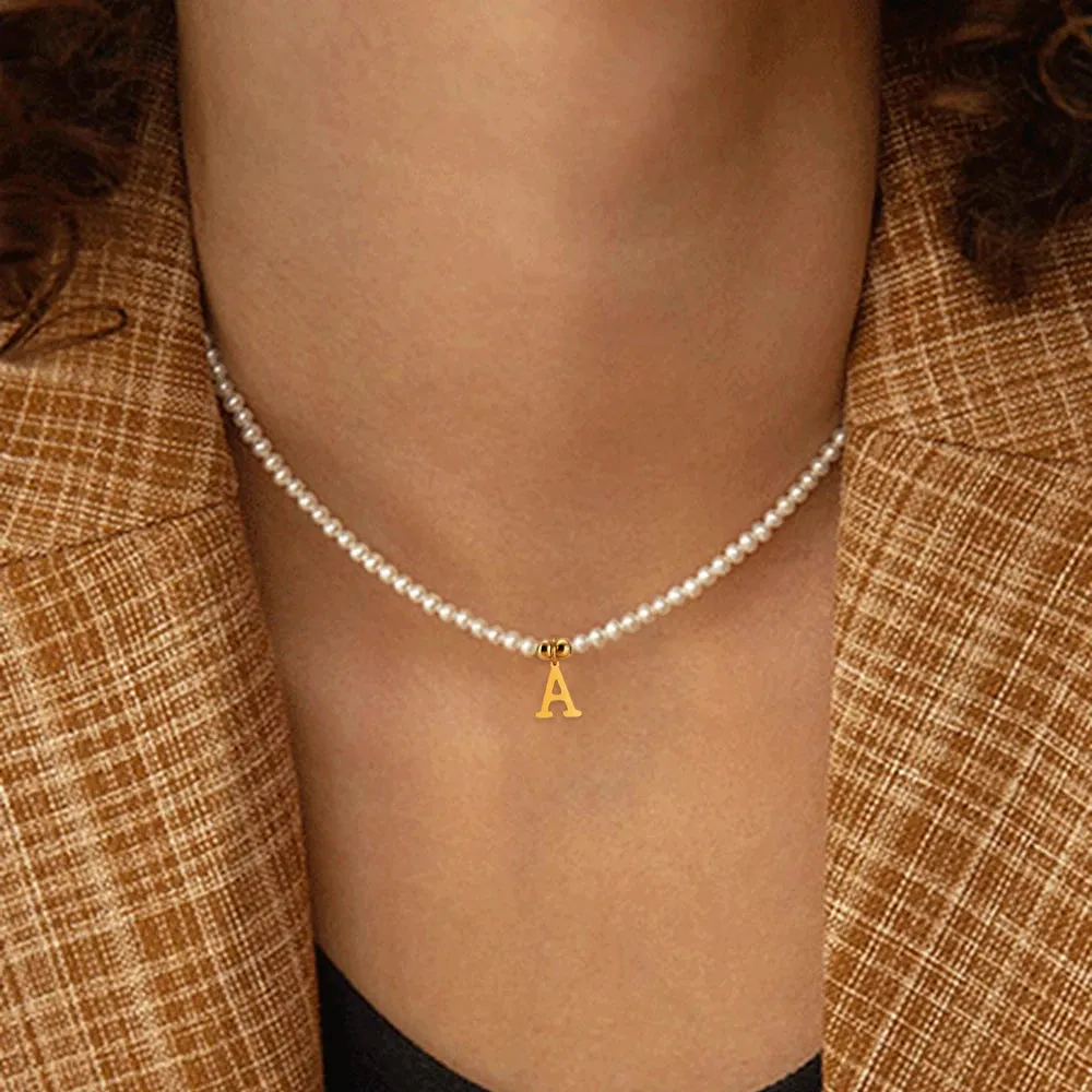 Custom Name Necklace  Stainless Steel Initial Pendant & Simulated Pearls Choker, DIY Adjustable Jewelry for Women