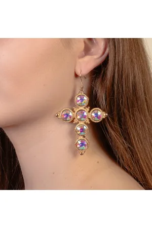 Fabulously Exquisite Gold AB Crystal Cross Dangle Earrings