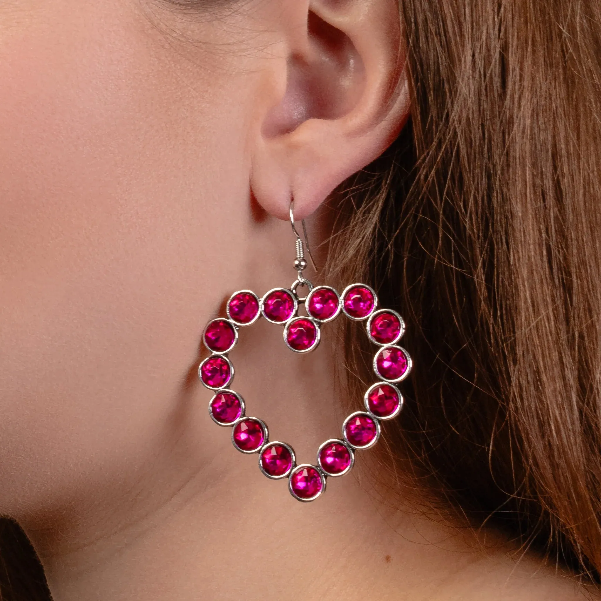 Fuchsia Crystal Heart Dangle Earrings