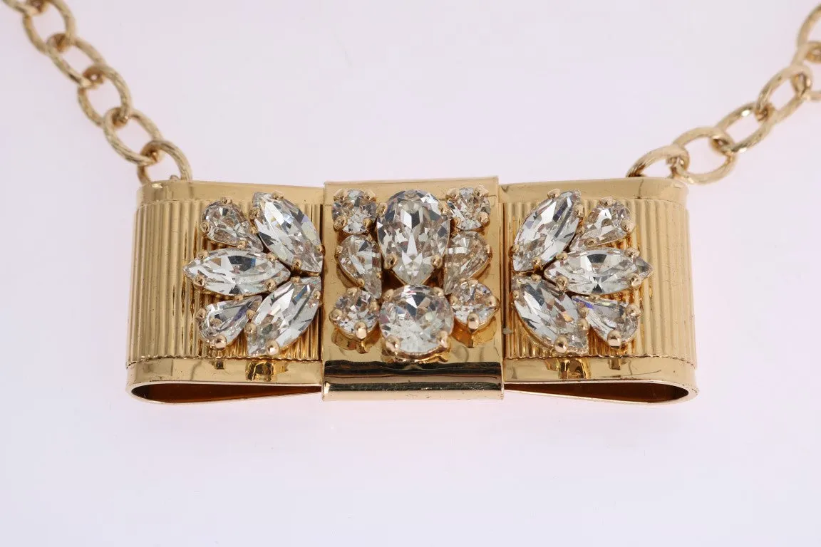 Gold Brass Clear Crystal Bow Necklace