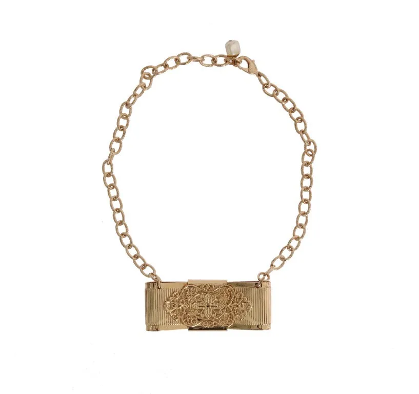 Gold Brass Clear Crystal Bow Necklace