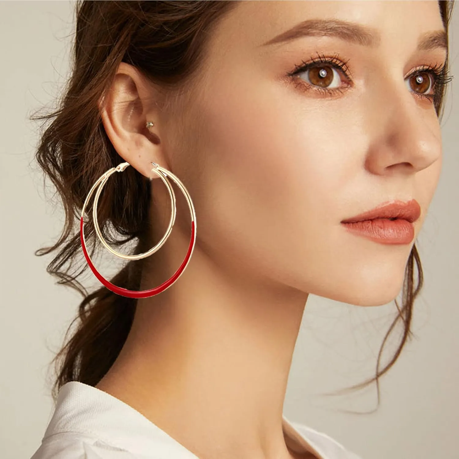 Hoop Earrings for Women Statement Double Circle Earrings Geometric Glazed Layers Oval Drop Dangle Earrings
