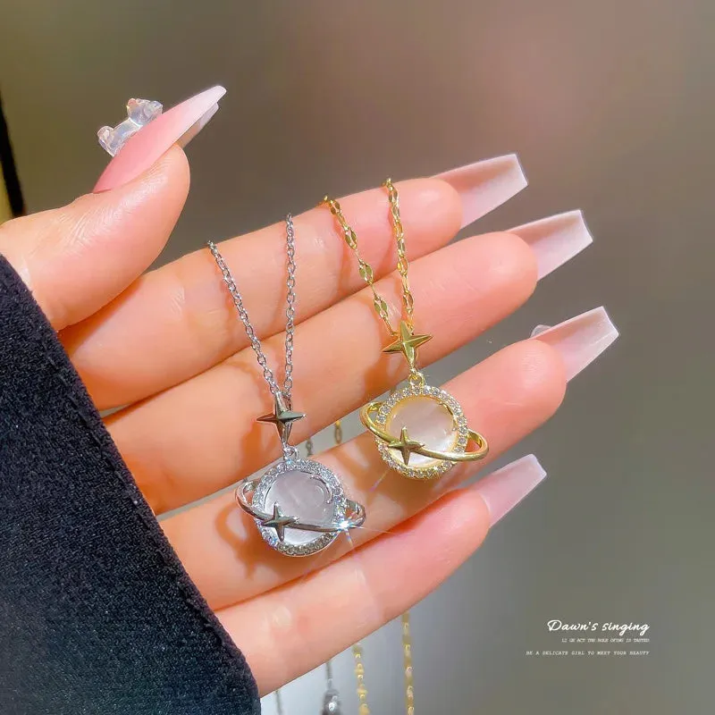 Korean Opal Star Pendant Necklace  Stainless Steel Adjustable Choker, Bridal Jewelry Gift for Women (Wedding, Party, Daily)