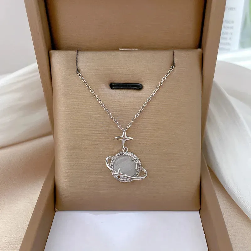 Korean Opal Star Pendant Necklace  Stainless Steel Adjustable Choker, Bridal Jewelry Gift for Women (Wedding, Party, Daily)