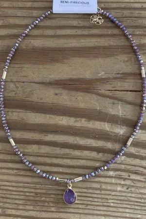 Semi Precious Lavender Crystal Beaded Choker With Charm