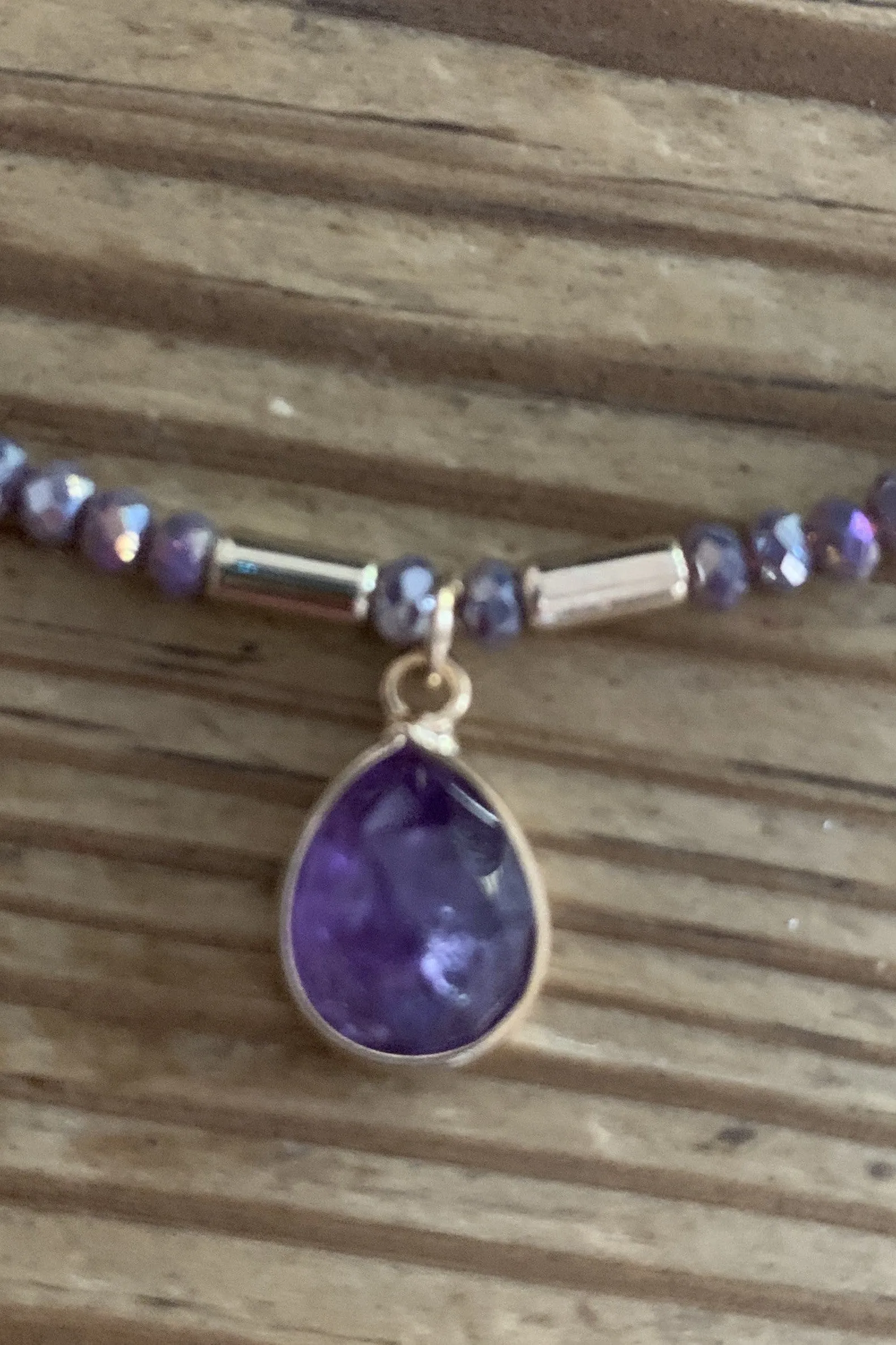 Semi Precious Lavender Crystal Beaded Choker With Charm