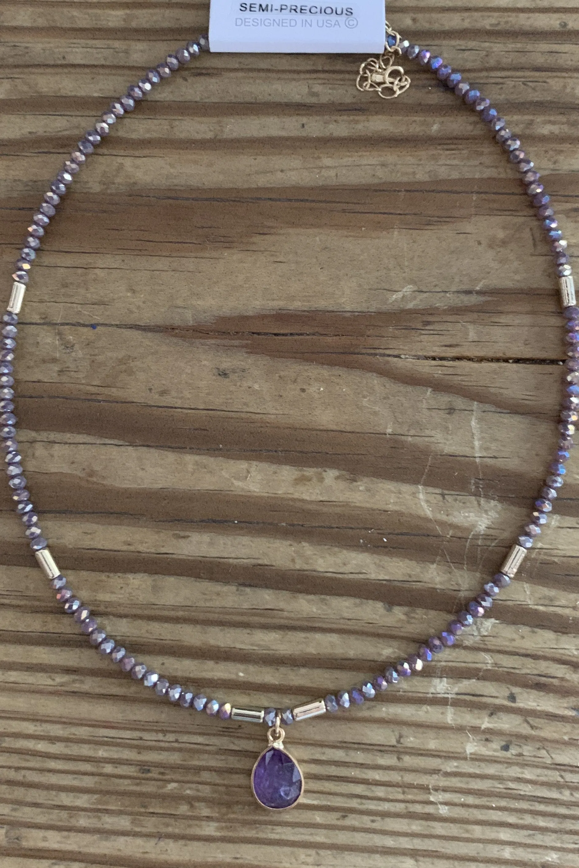 Semi Precious Lavender Crystal Beaded Choker With Charm