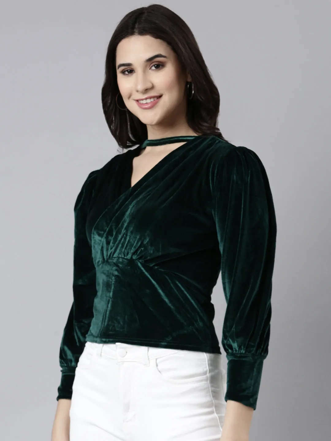 Women Green Choker Neck Cuffed Sleeves Velvet Wrap Top