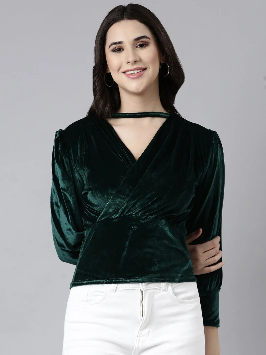 Women Green Choker Neck Cuffed Sleeves Velvet Wrap Top
