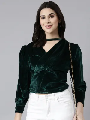 Women Green Choker Neck Cuffed Sleeves Velvet Wrap Top