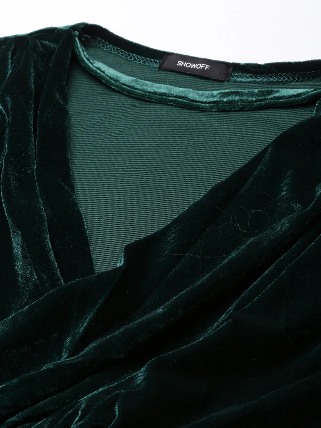 Women Green Choker Neck Cuffed Sleeves Velvet Wrap Top