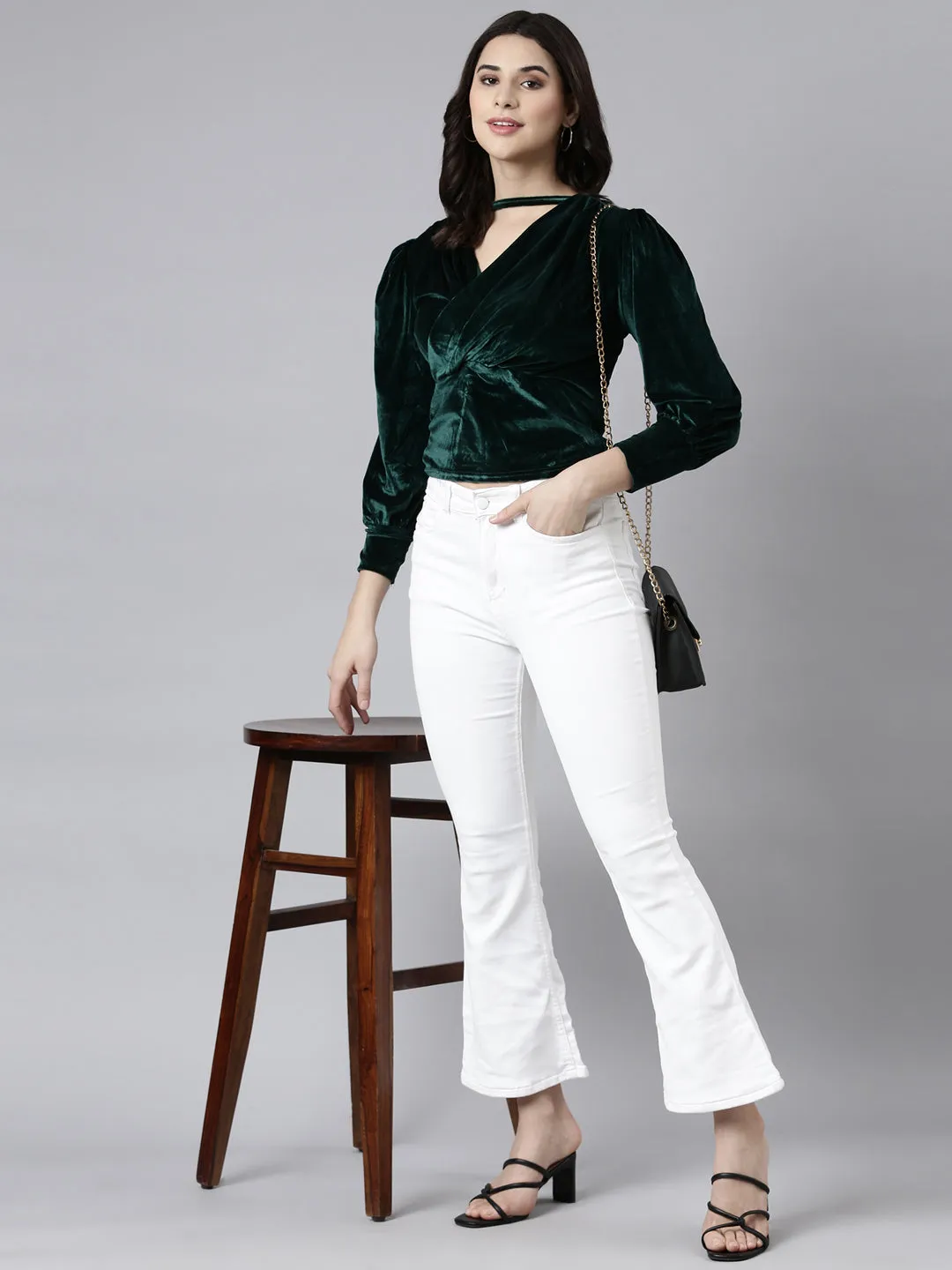 Women Green Choker Neck Cuffed Sleeves Velvet Wrap Top