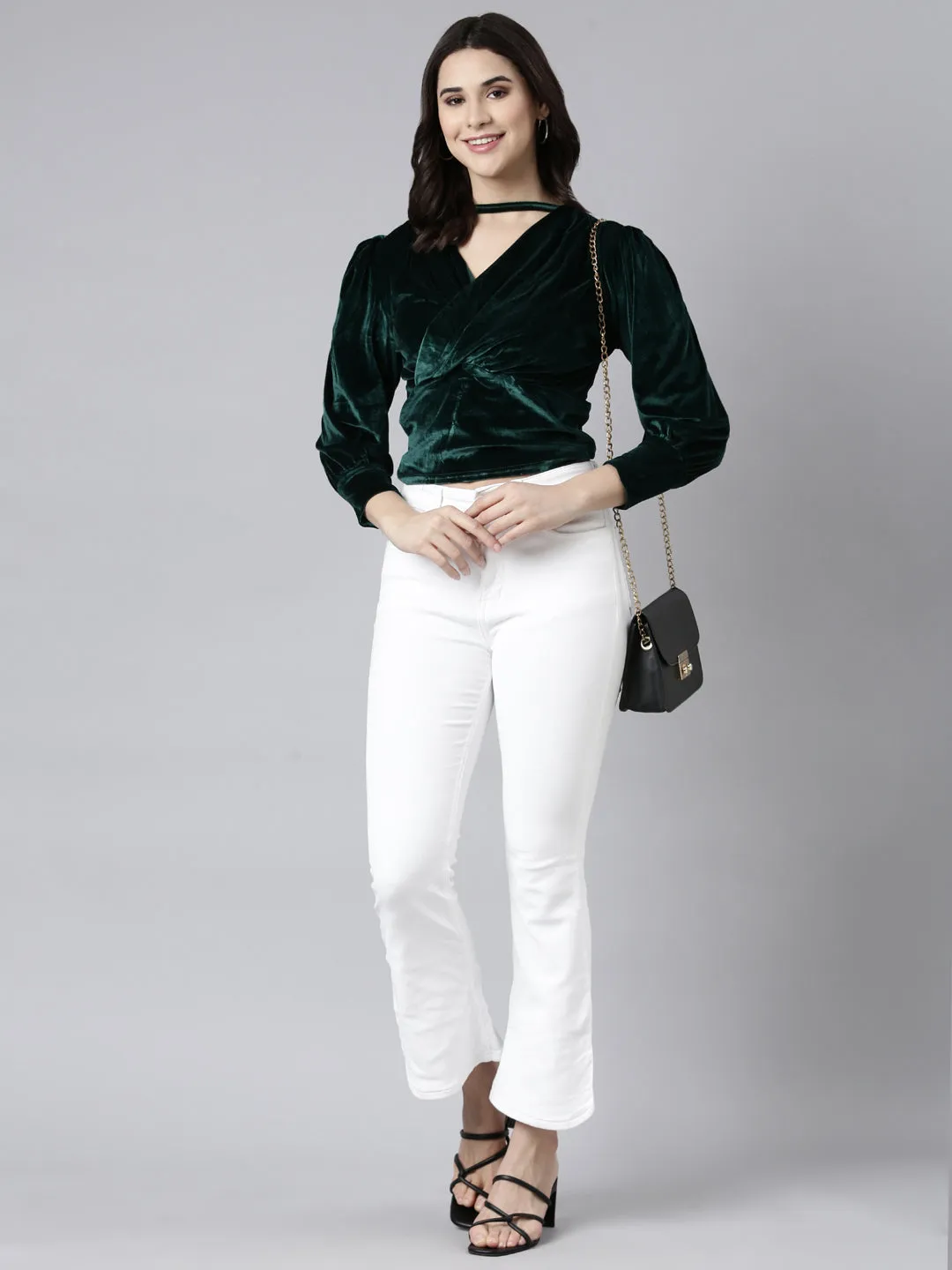 Women Green Choker Neck Cuffed Sleeves Velvet Wrap Top