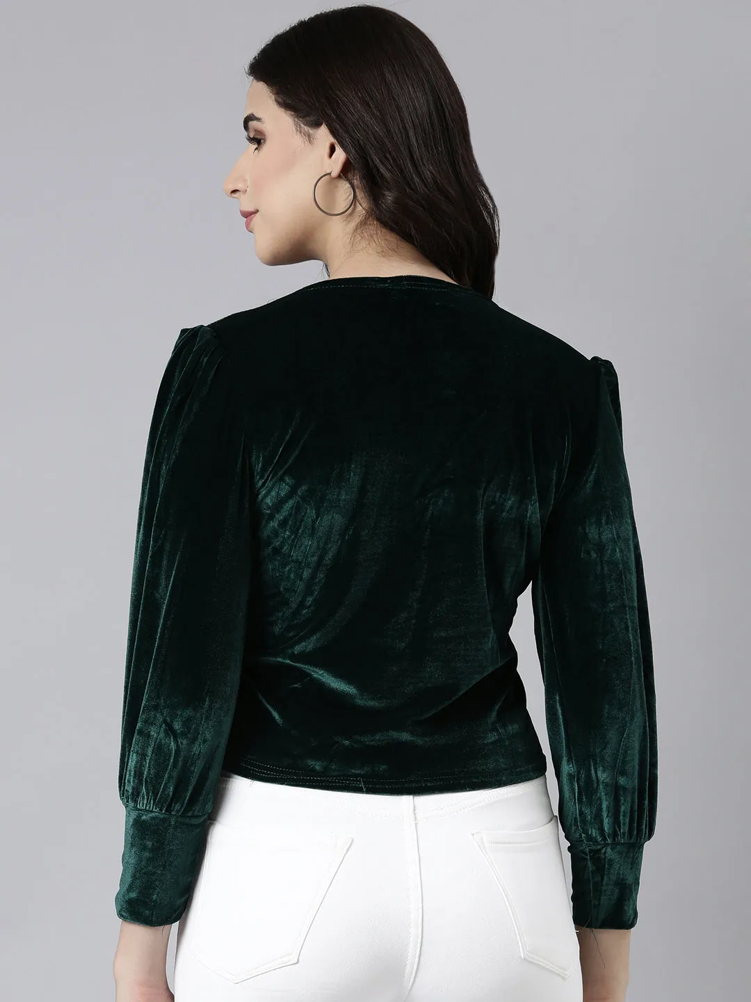 Women Green Choker Neck Cuffed Sleeves Velvet Wrap Top